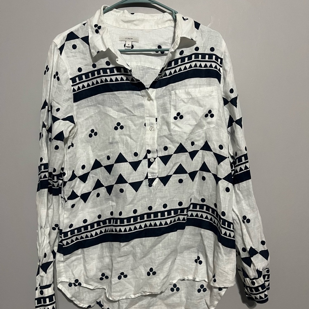 J. Crew White Button-Up Shirt with Navy Geometric Print